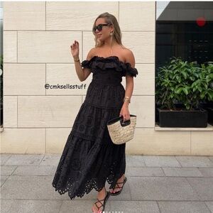 ZARA EMBROIDERED RUFFLED OFF-SHOULDER MIDI DRESS BLACK